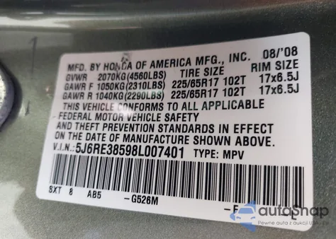 2008 Honda Cr-V Ex from USA, damaged, VIN 5J6RE38598L007401